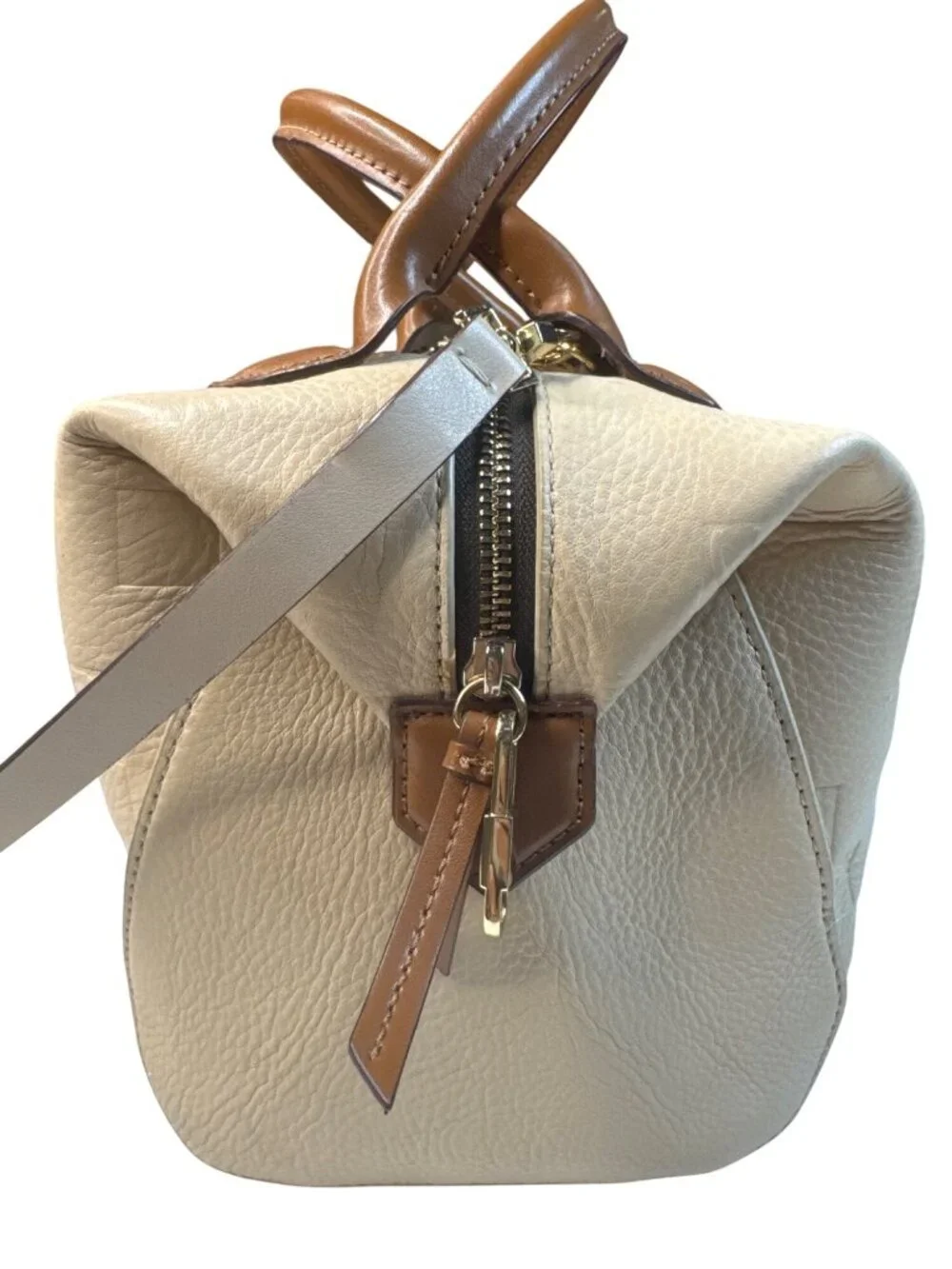 Purificación García Beige Checker Emossed Leather Satchel W/Brown Handles/Strap